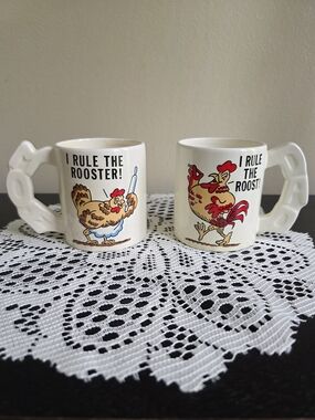 Set of 2 Vintage White Rooster Mug Cups - I Rule The Rooster